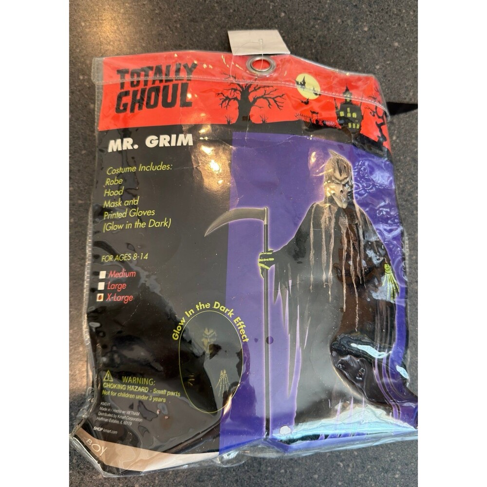 Mr. Grim Reaper Halloween Costume Robe Hood & Glow In Dark Gloves Kids 8-14